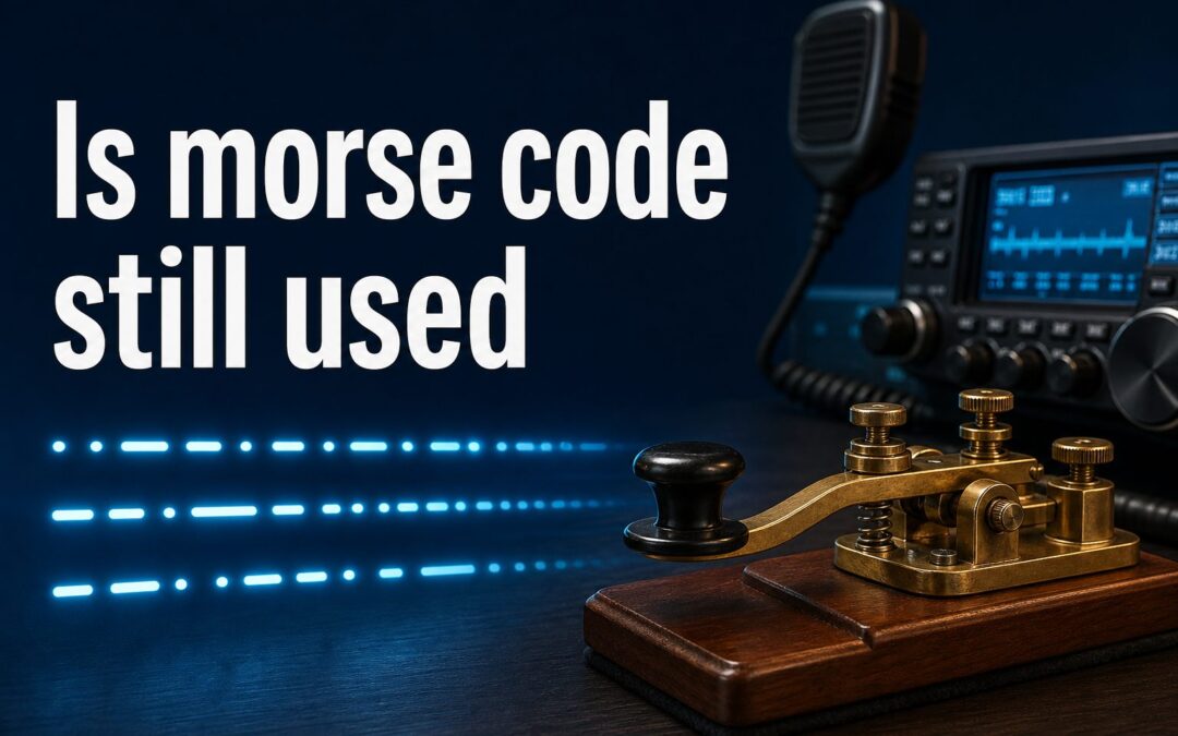 Vintage Morse code key beside headphones and a radio receiver